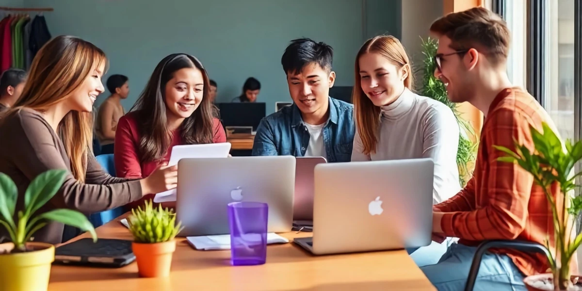 Young people working at a table with their laptops and tablets