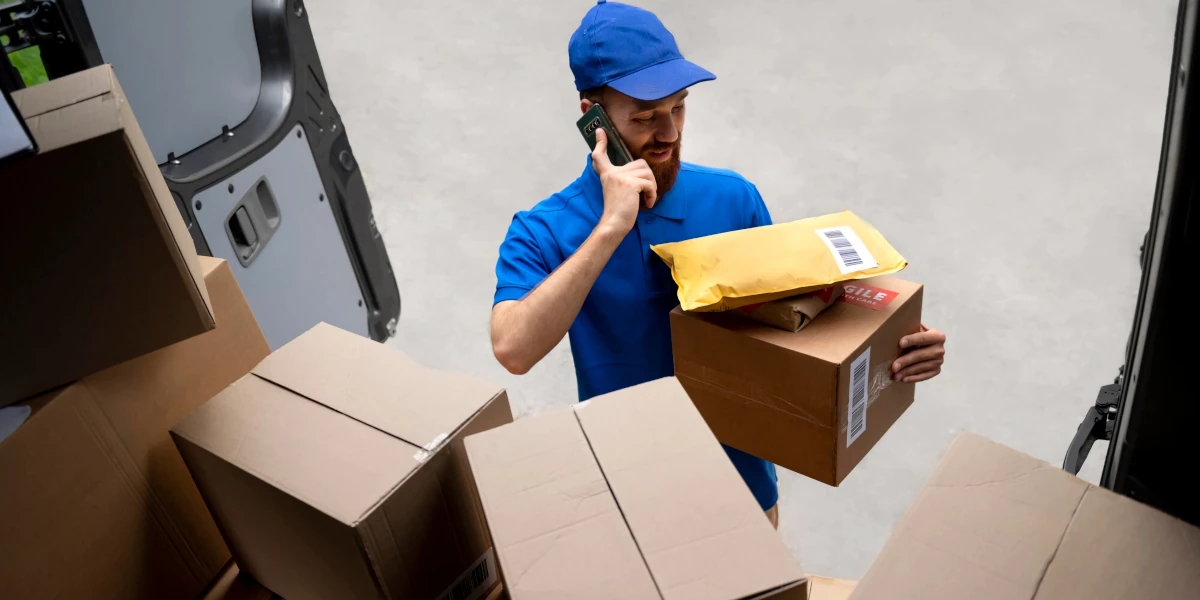 Delivery driver talking on the phone