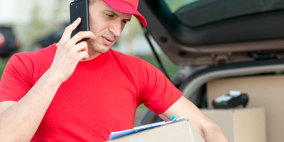 Delivery man checking delivery on a piece of paper while talking on the phone