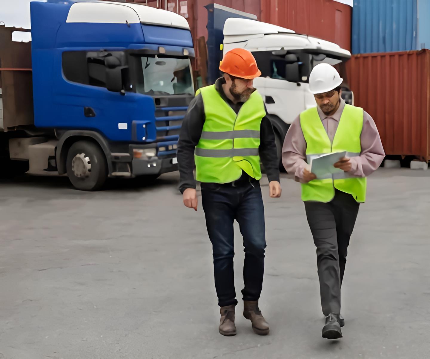 People-checking-documents-in-front-of-trucks