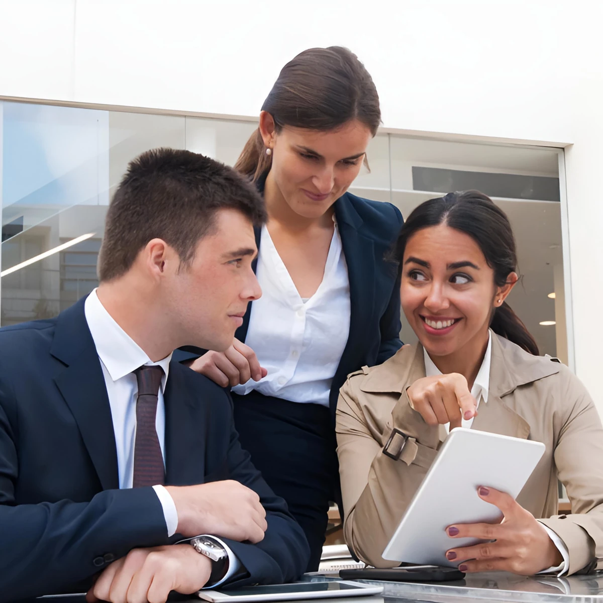 smiling young woman showing tablet screen to business men