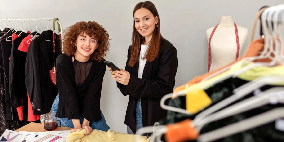 Woman working on laptop with lots of clothes next to her