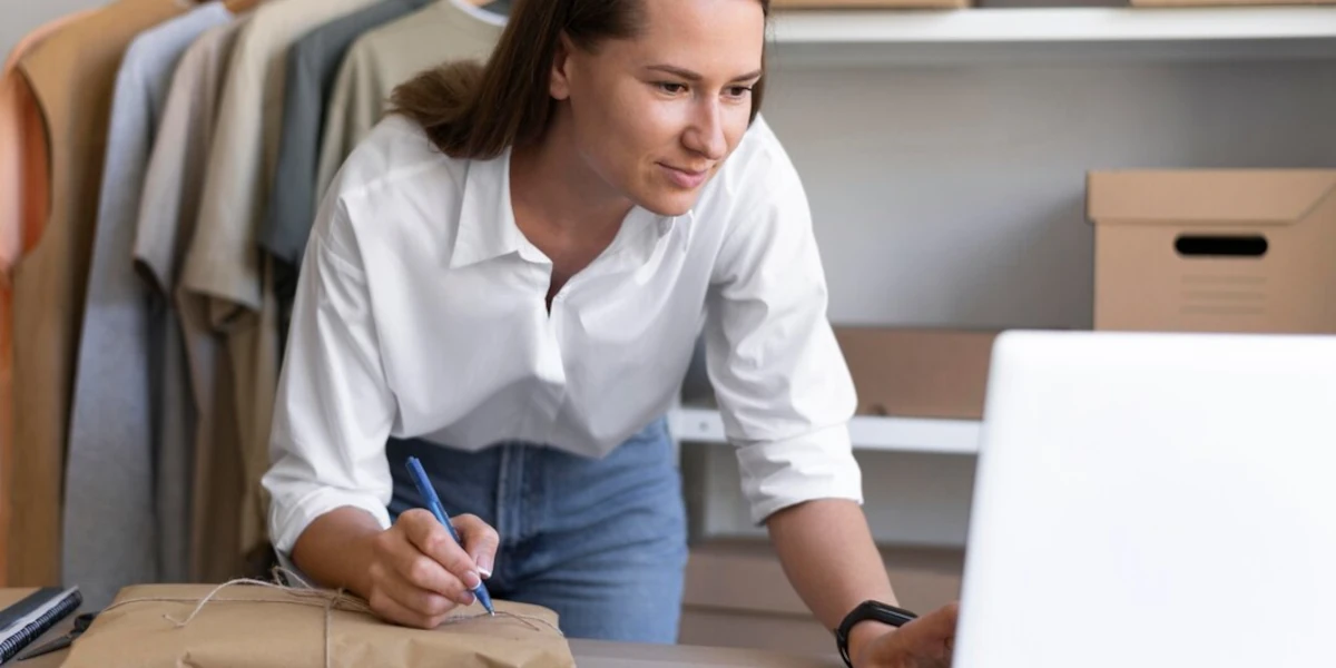Woman working on laptop and taking notes
