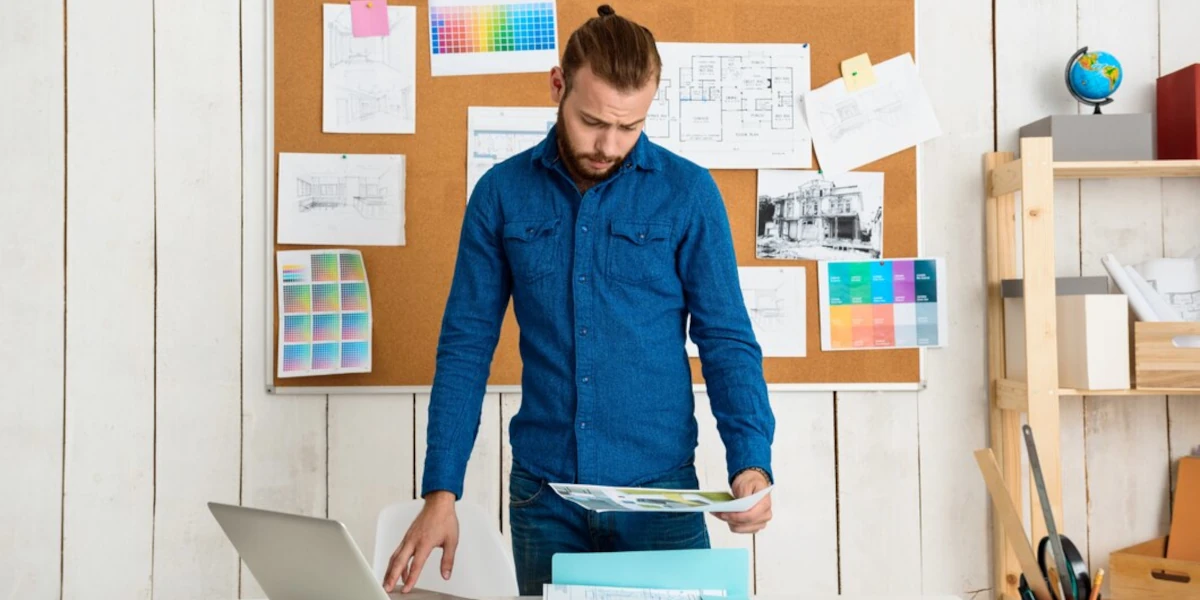 Businessman looking at documents at his workplace on a laptop